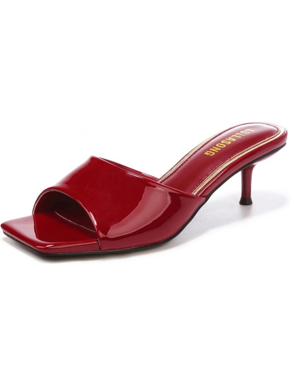 Women's Red Faux Leather Square Open Toe Low Heel Slip On 2 Inch Heeled Sandal